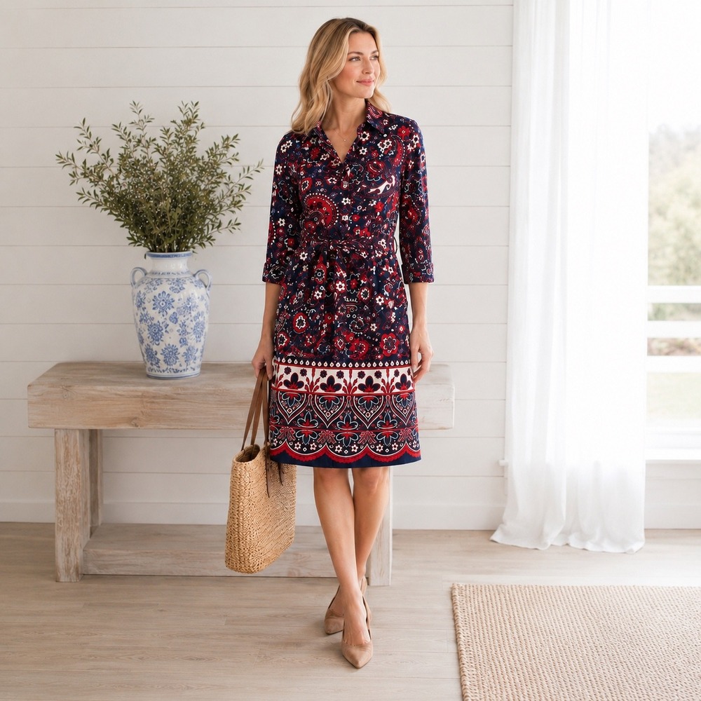 Talbots Paisley Poplin Shirt Dress 8 Betled Blue Floral Cotton Classic Preppy